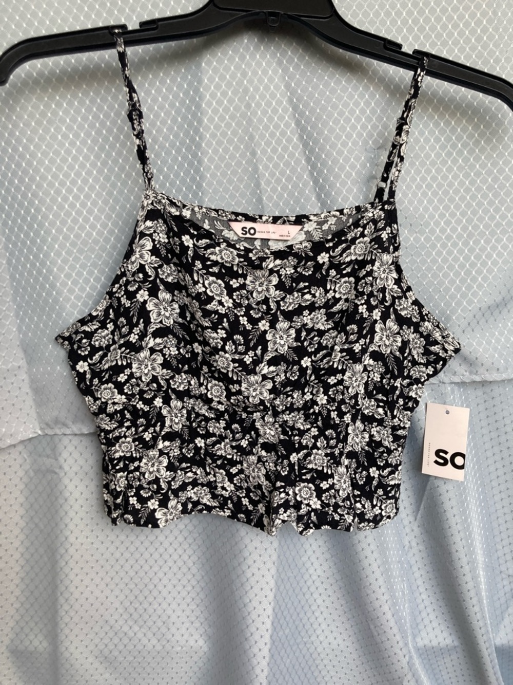 So crop top floral print cropped cinch waist tank black white boho L jrs